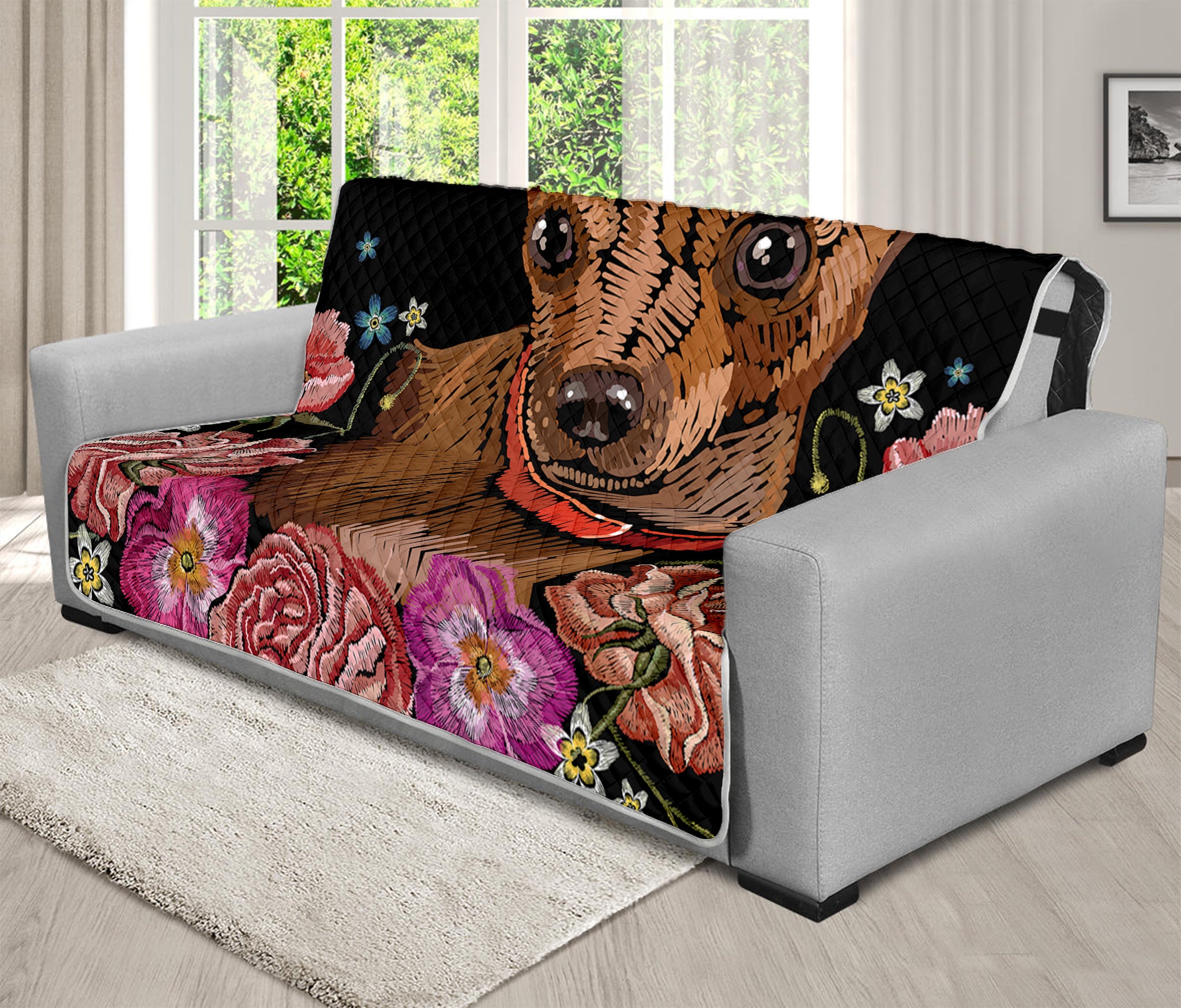 Embroidery Chihuahua And Flower Print Futon Protector