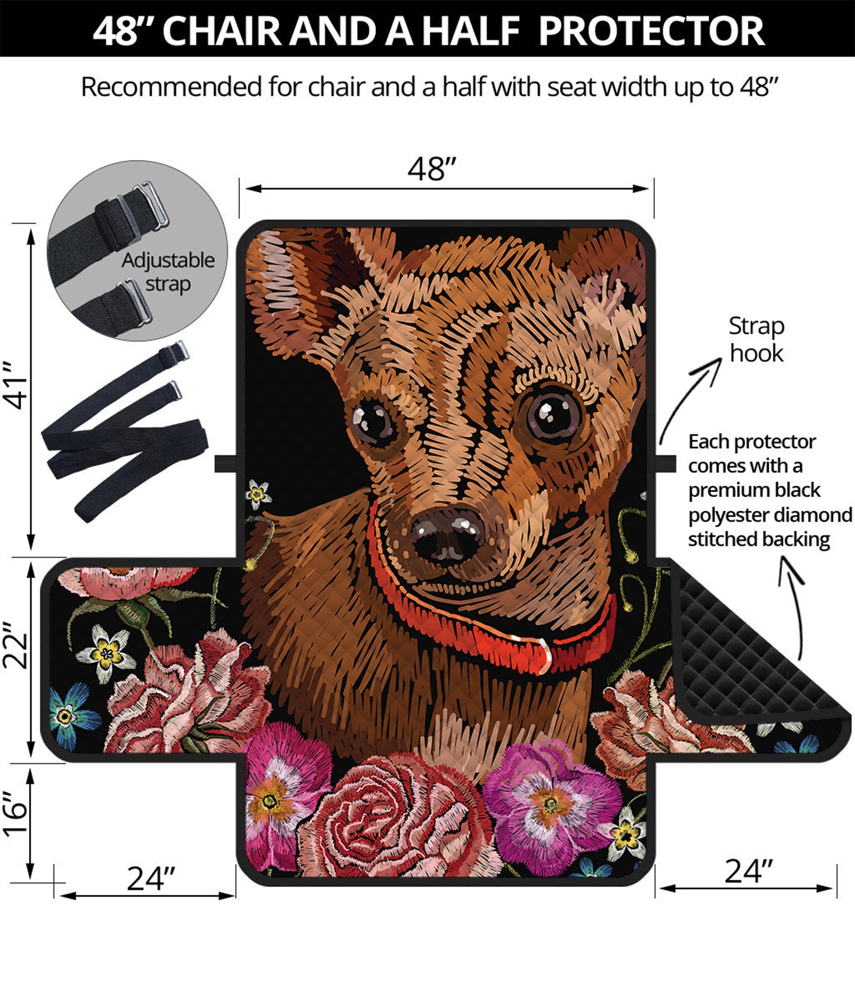 Embroidery Chihuahua And Flower Print Half Sofa Protector