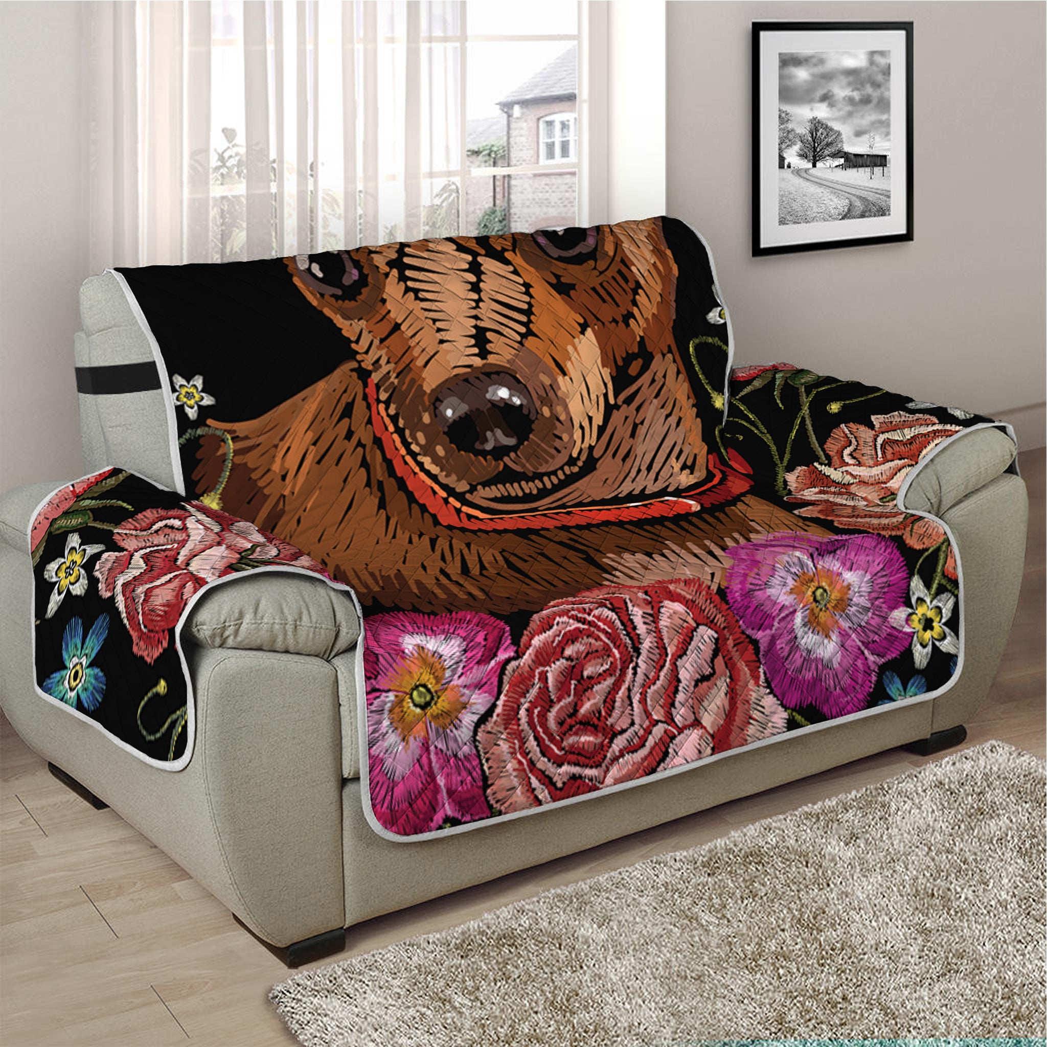 Embroidery Chihuahua And Flower Print Half Sofa Protector