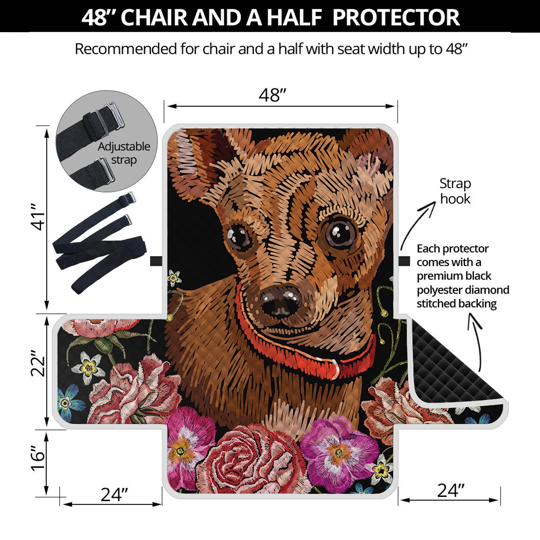 Embroidery Chihuahua And Flower Print Half Sofa Protector