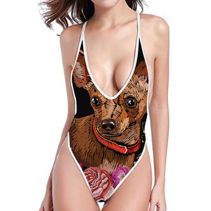 Embroidery Chihuahua And Flower Print High Cut One Piece Swimsuit