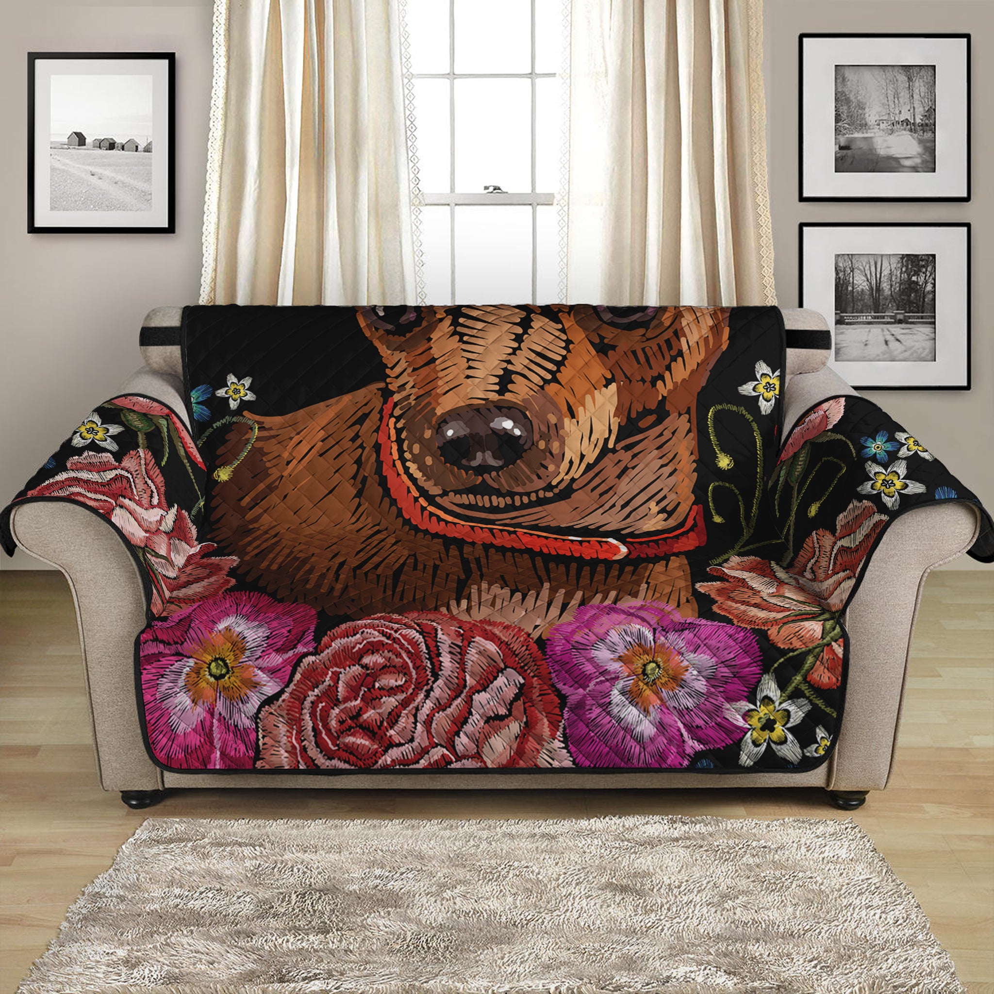 Embroidery Chihuahua And Flower Print Loveseat Protector