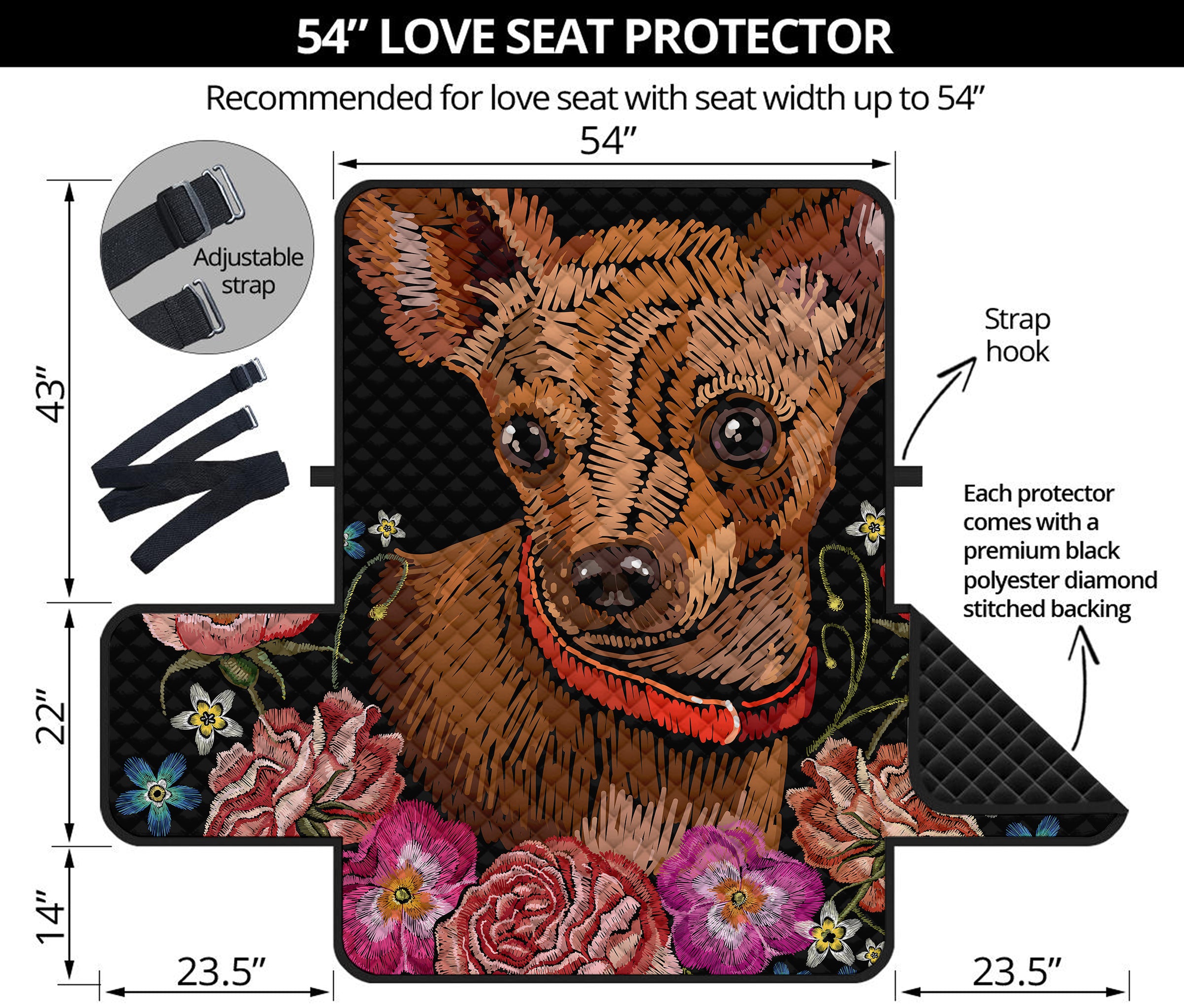 Embroidery Chihuahua And Flower Print Loveseat Protector