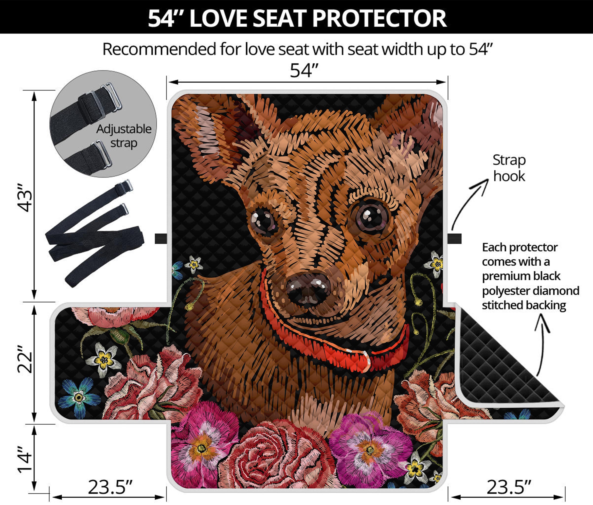 Embroidery Chihuahua And Flower Print Loveseat Protector