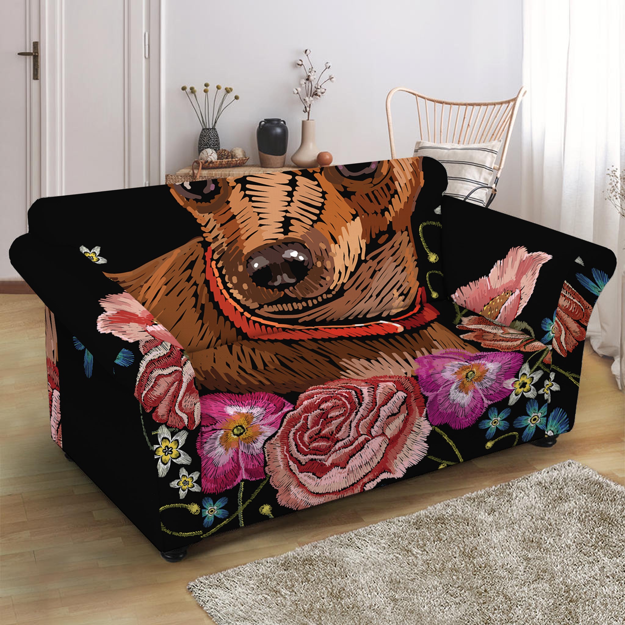 Embroidery Chihuahua And Flower Print Loveseat Slipcover