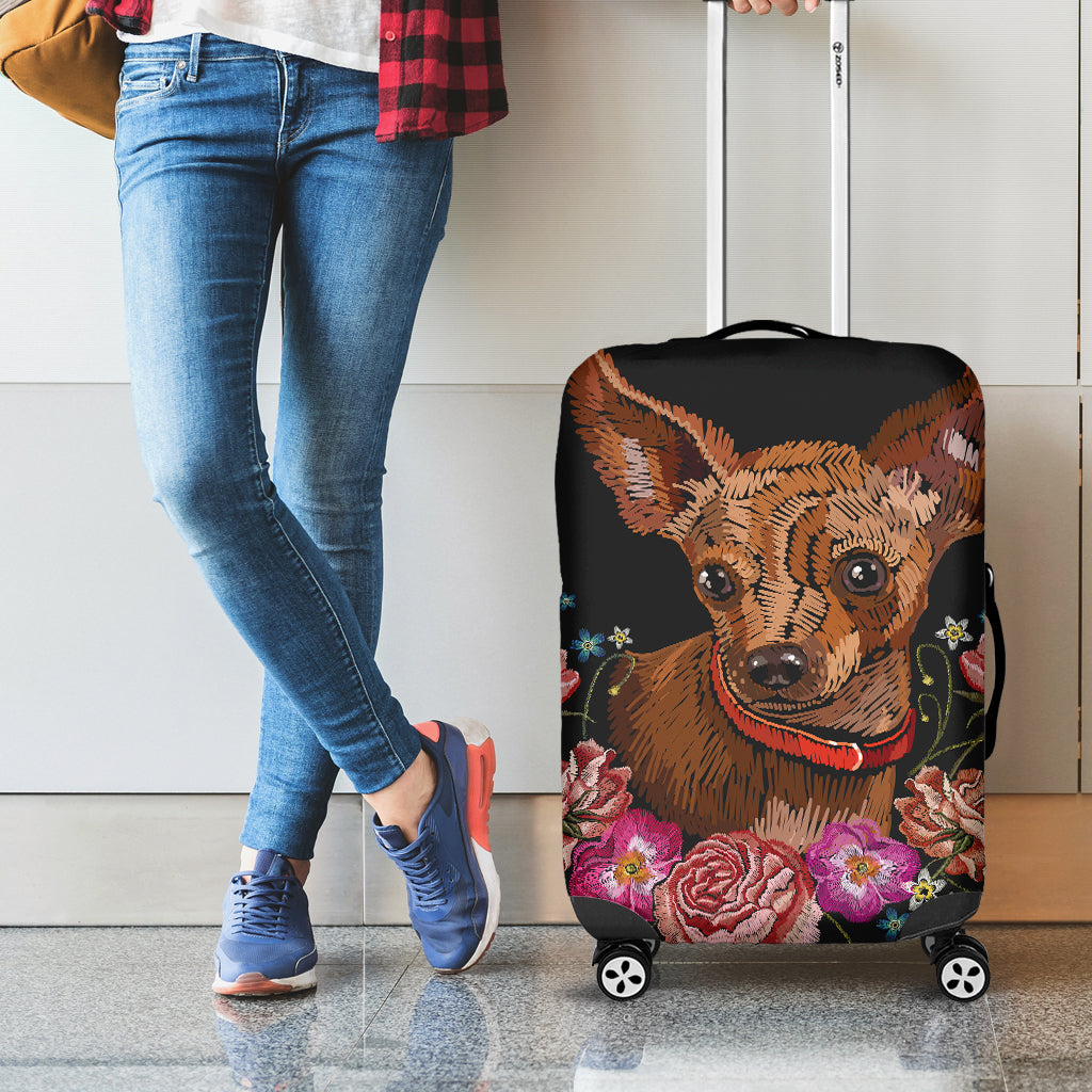 Embroidery Chihuahua And Flower Print Luggage Cover