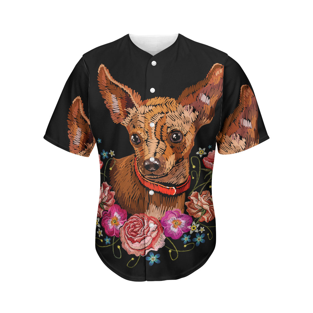 Embroidery Chihuahua And Flower Print Men's Baseball Jersey