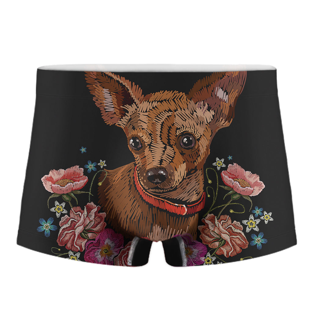 Embroidery Chihuahua And Flower Print Men's Boxer Briefs