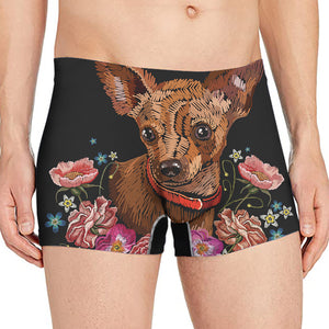 Embroidery Chihuahua And Flower Print Men's Boxer Briefs