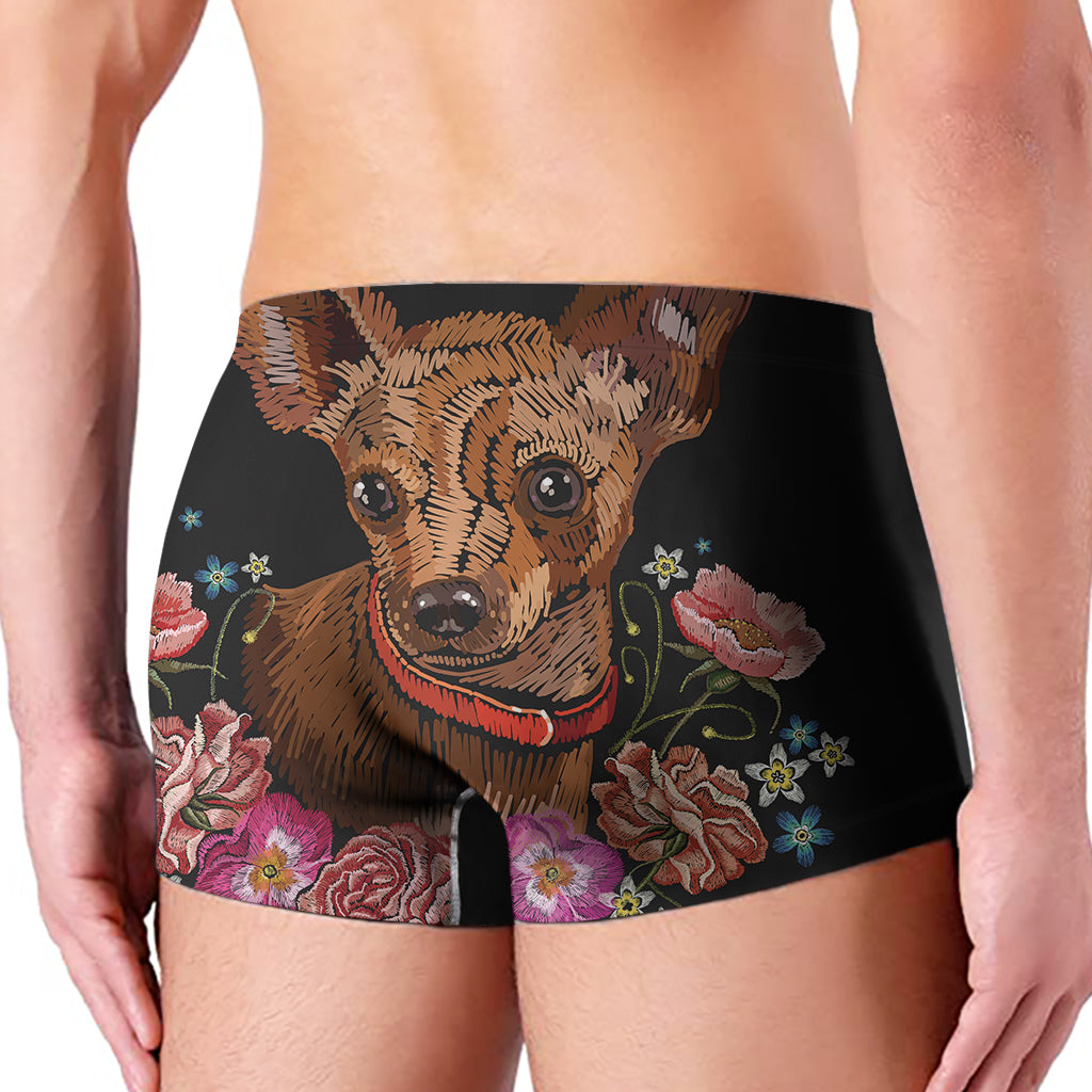 Embroidery Chihuahua And Flower Print Men's Boxer Briefs