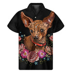 Embroidery Chihuahua And Flower Print Men's Short Sleeve Shirt