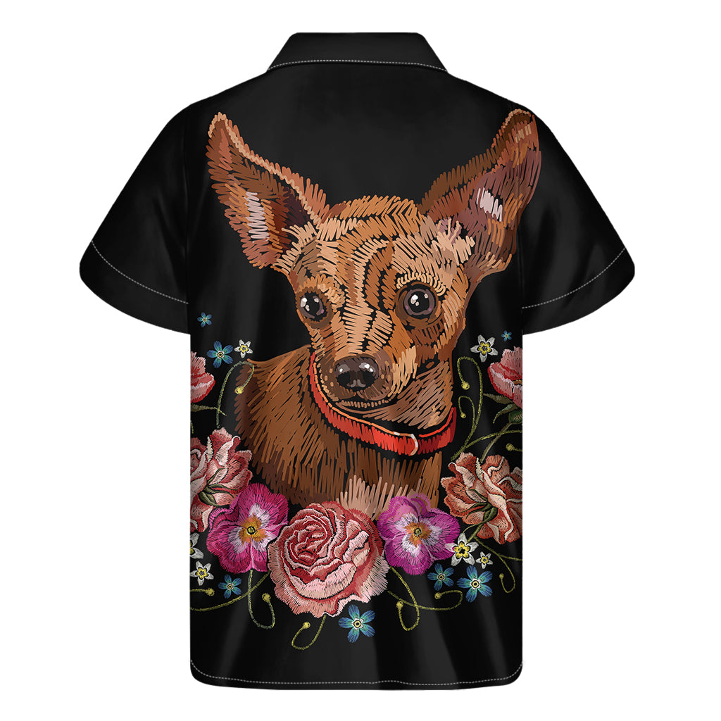 Embroidery Chihuahua And Flower Print Men's Short Sleeve Shirt