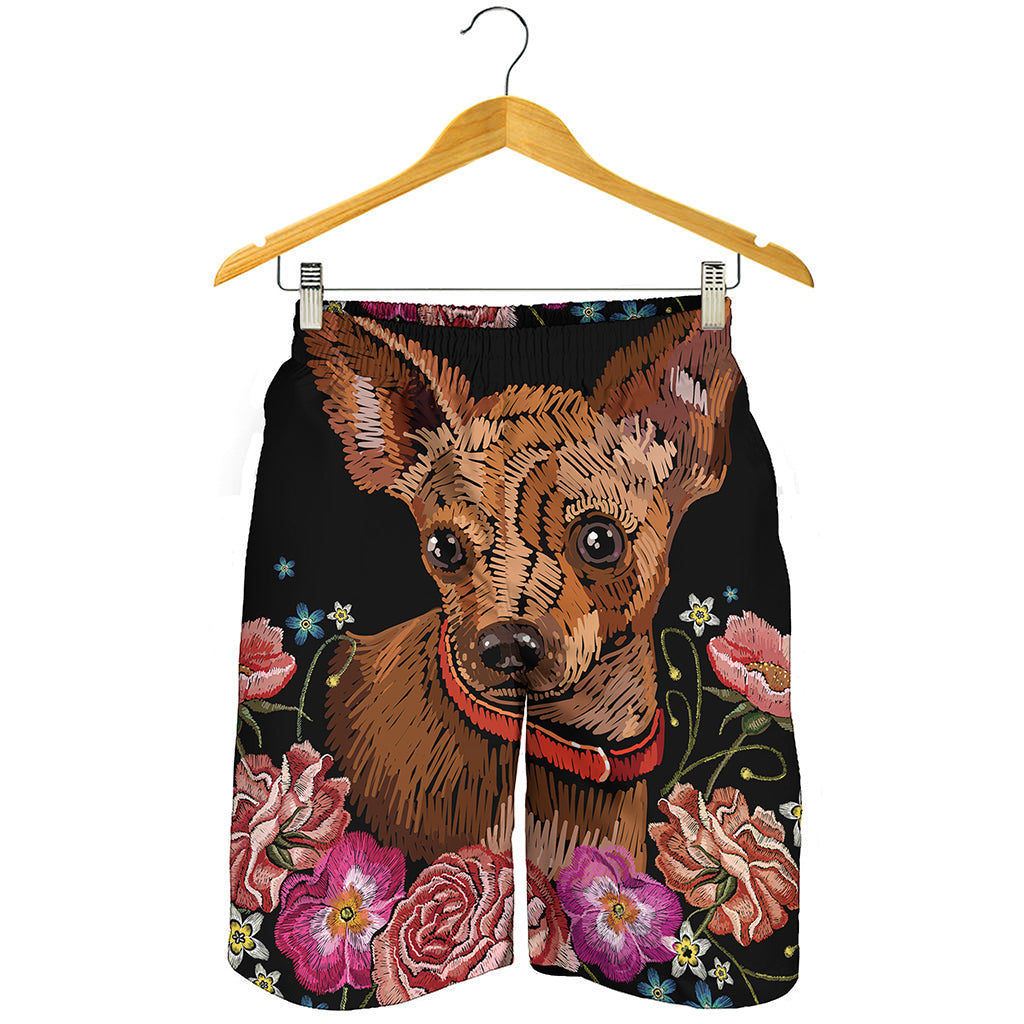 Embroidery Chihuahua And Flower Print Men's Shorts