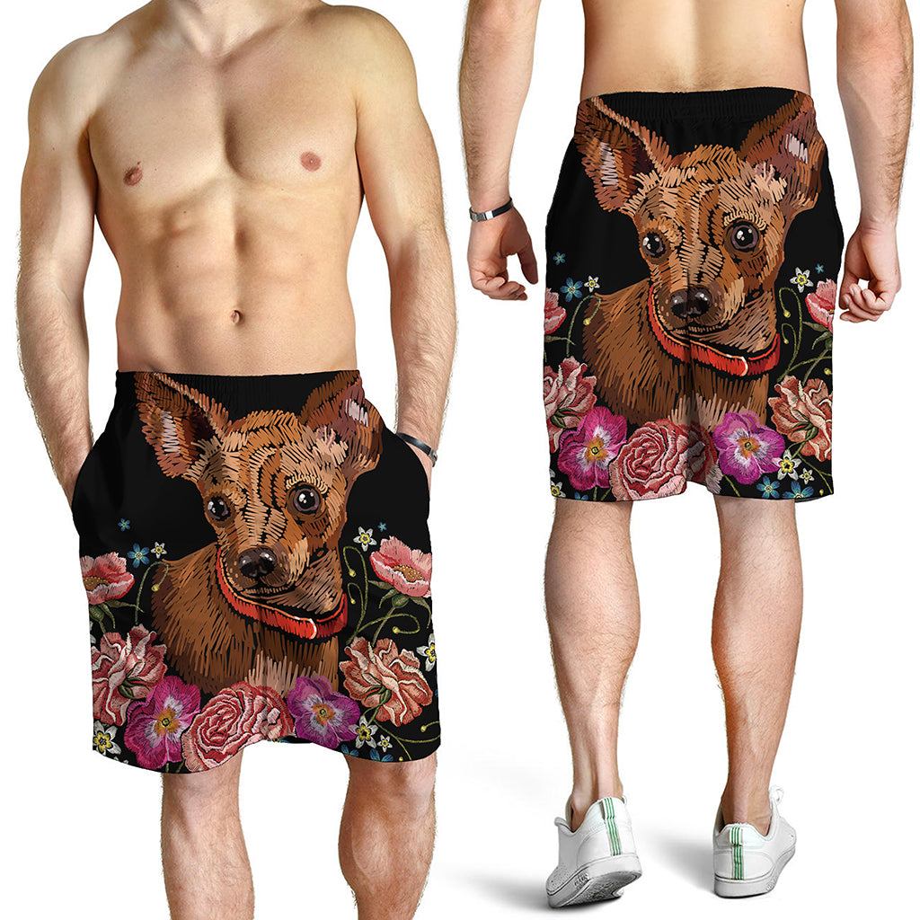 Embroidery Chihuahua And Flower Print Men's Shorts