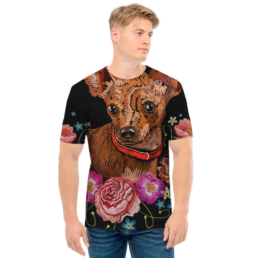 Embroidery Chihuahua And Flower Print Men's T-Shirt