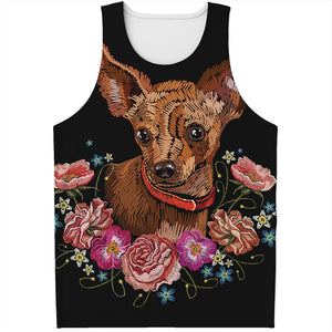 Embroidery Chihuahua And Flower Print Men's Tank Top