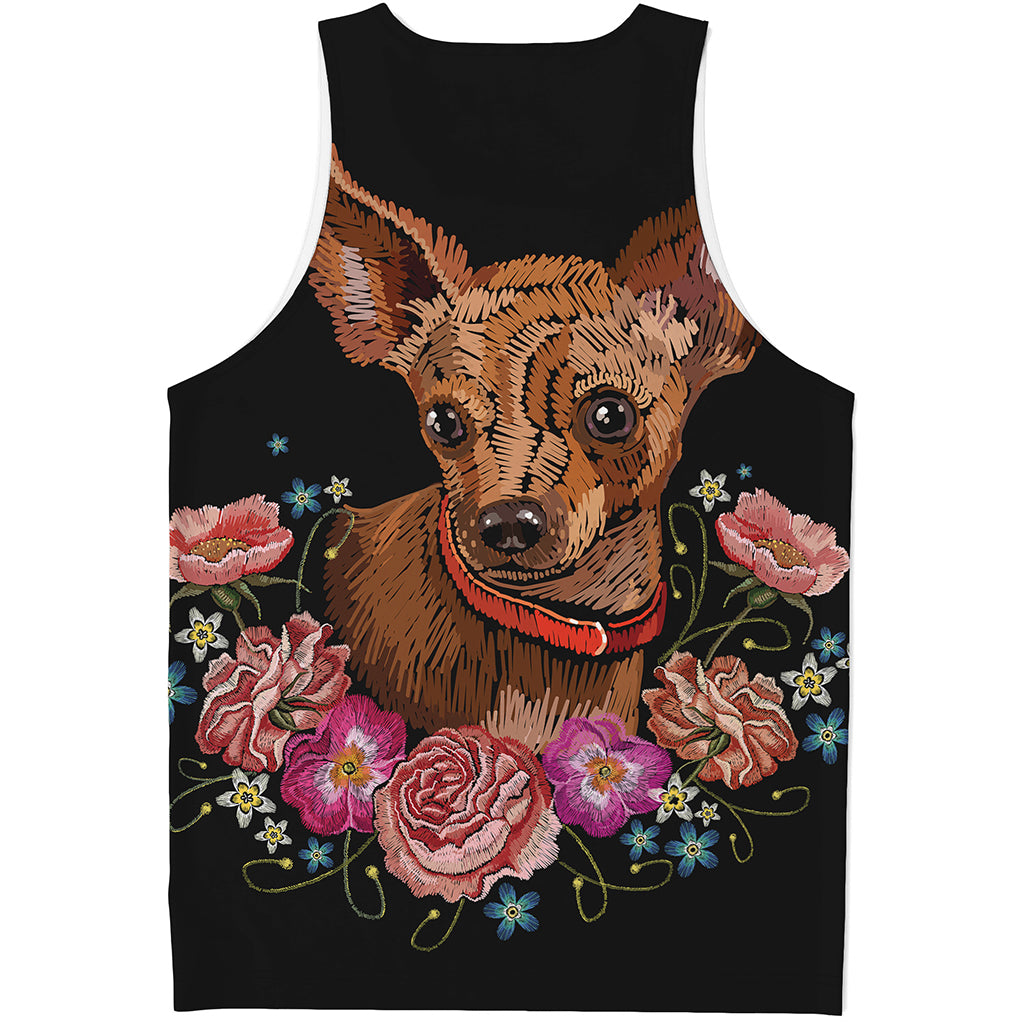 Embroidery Chihuahua And Flower Print Men's Tank Top