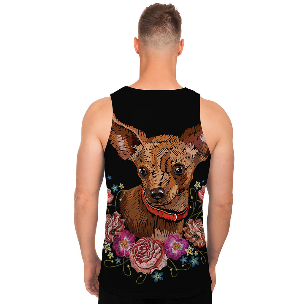 Embroidery Chihuahua And Flower Print Men's Tank Top