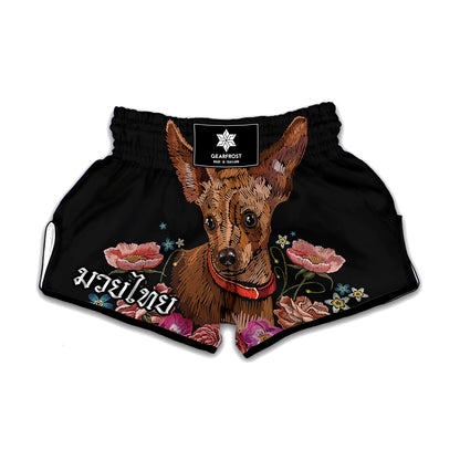 Embroidery Chihuahua And Flower Print Muay Thai Boxing Shorts