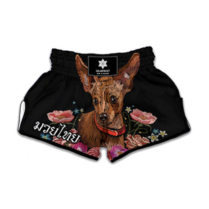 Embroidery Chihuahua And Flower Print Muay Thai Boxing Shorts