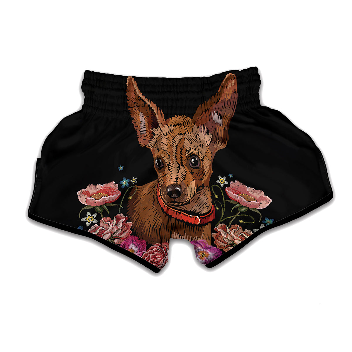 Embroidery Chihuahua And Flower Print Muay Thai Boxing Shorts