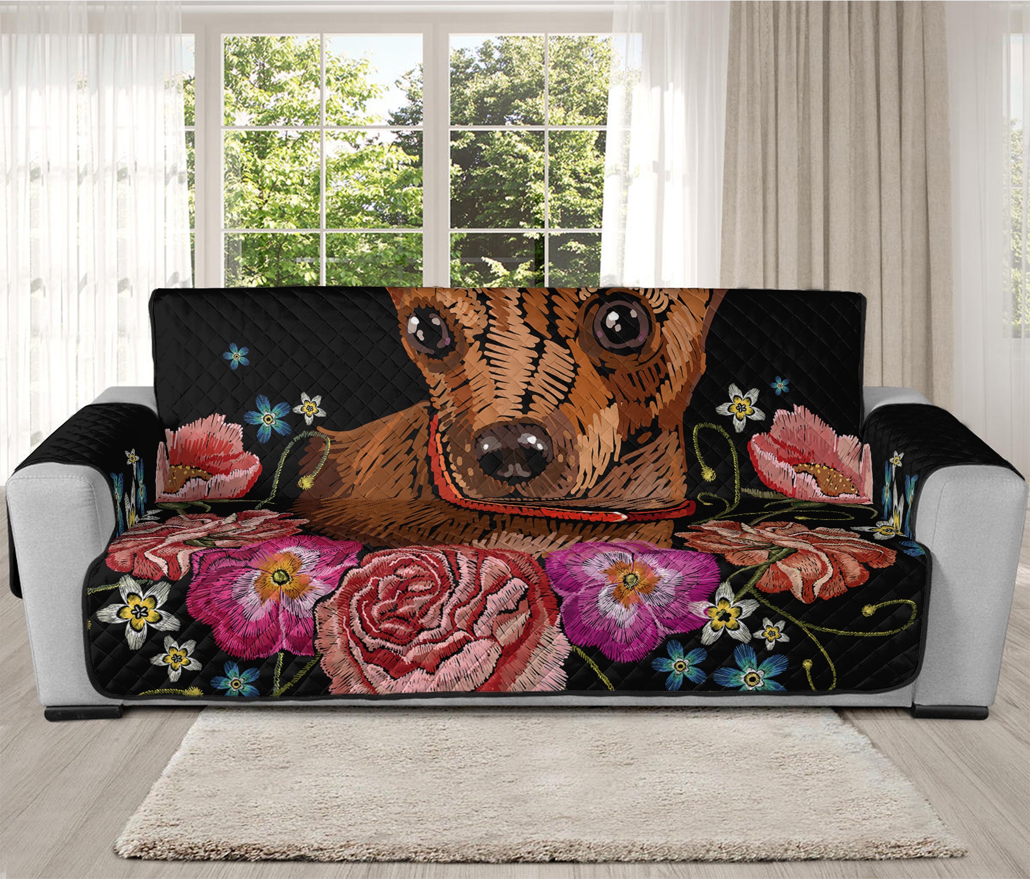 Embroidery Chihuahua And Flower Print Oversized Sofa Protector