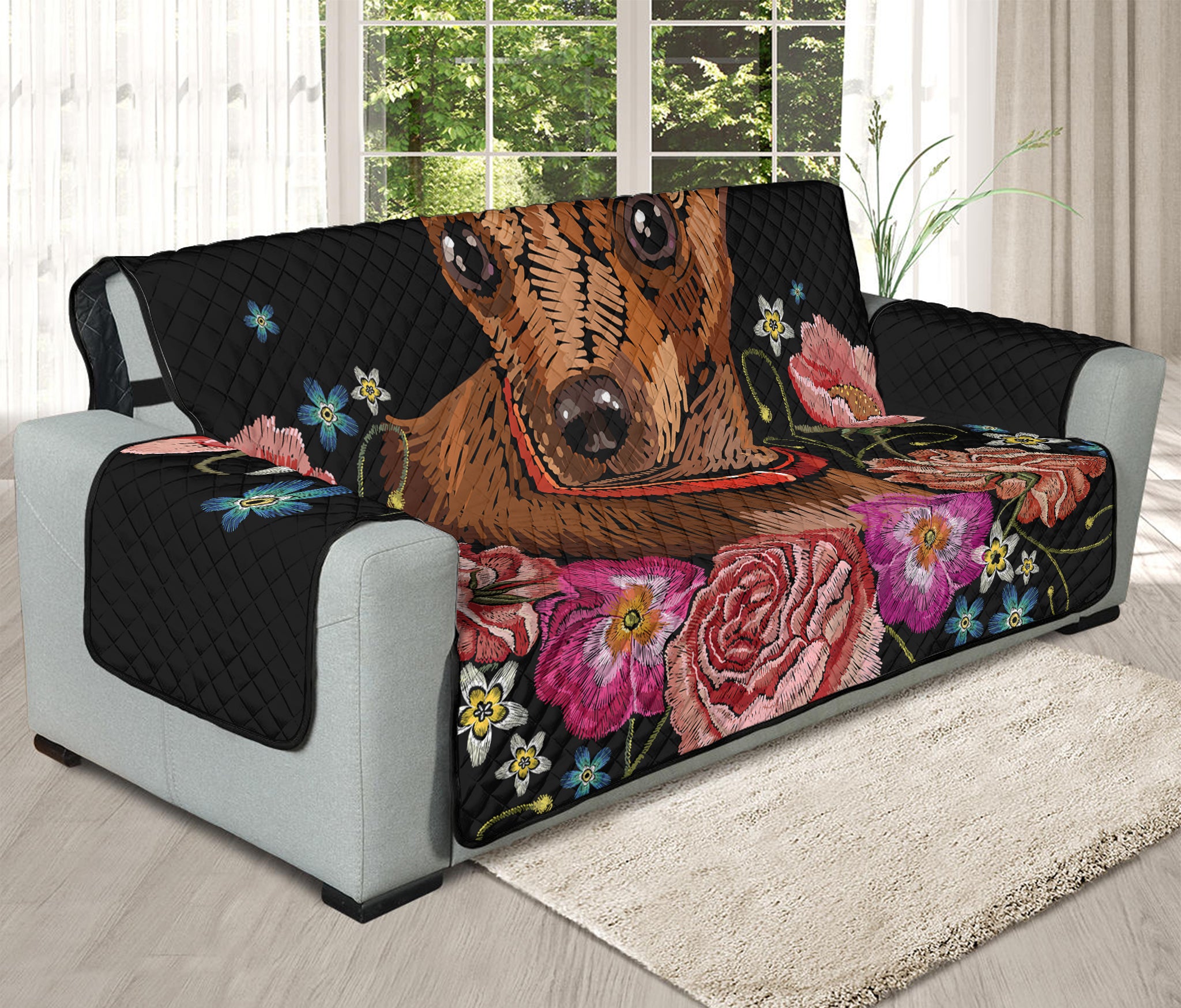 Embroidery Chihuahua And Flower Print Oversized Sofa Protector