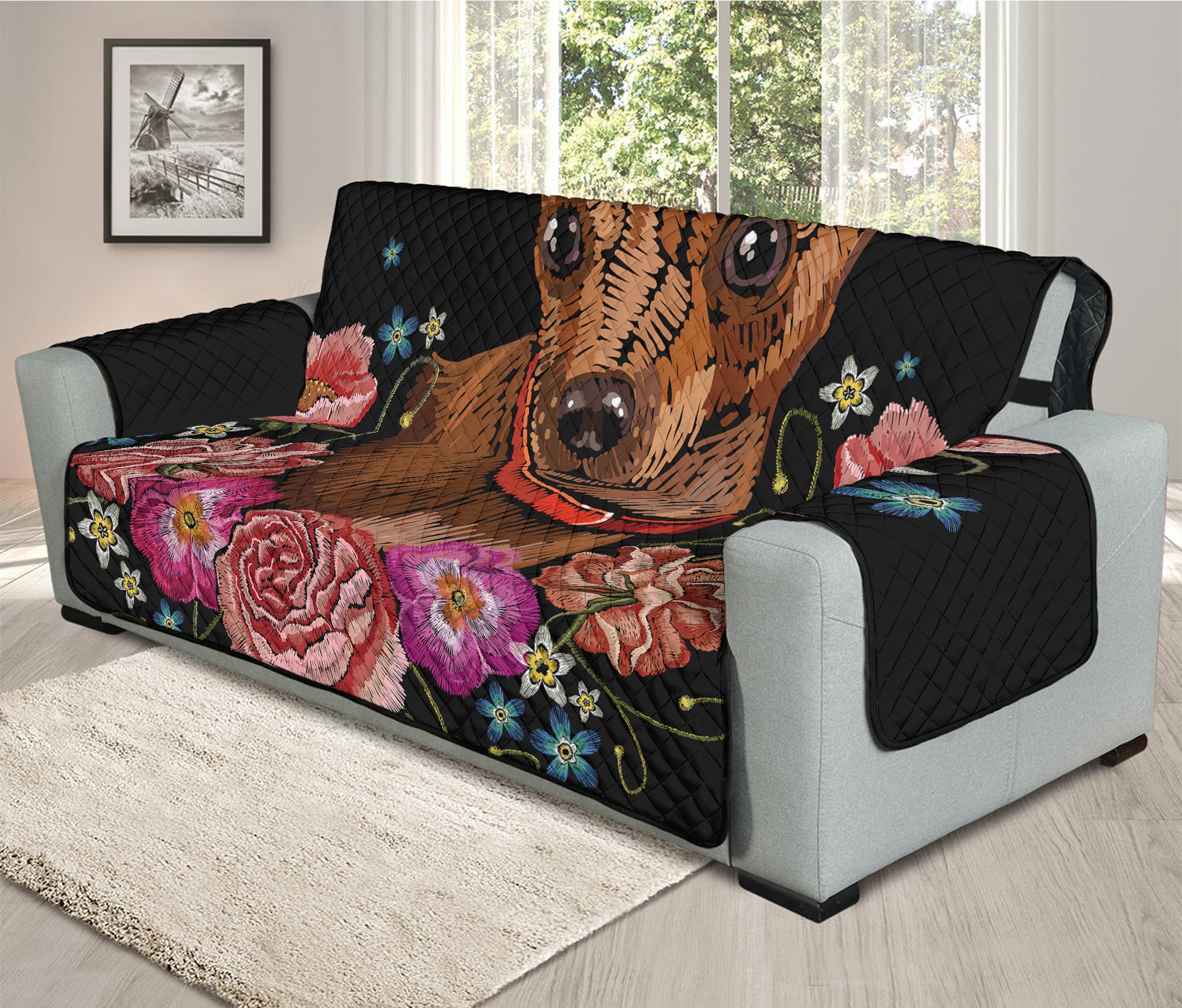 Embroidery Chihuahua And Flower Print Oversized Sofa Protector