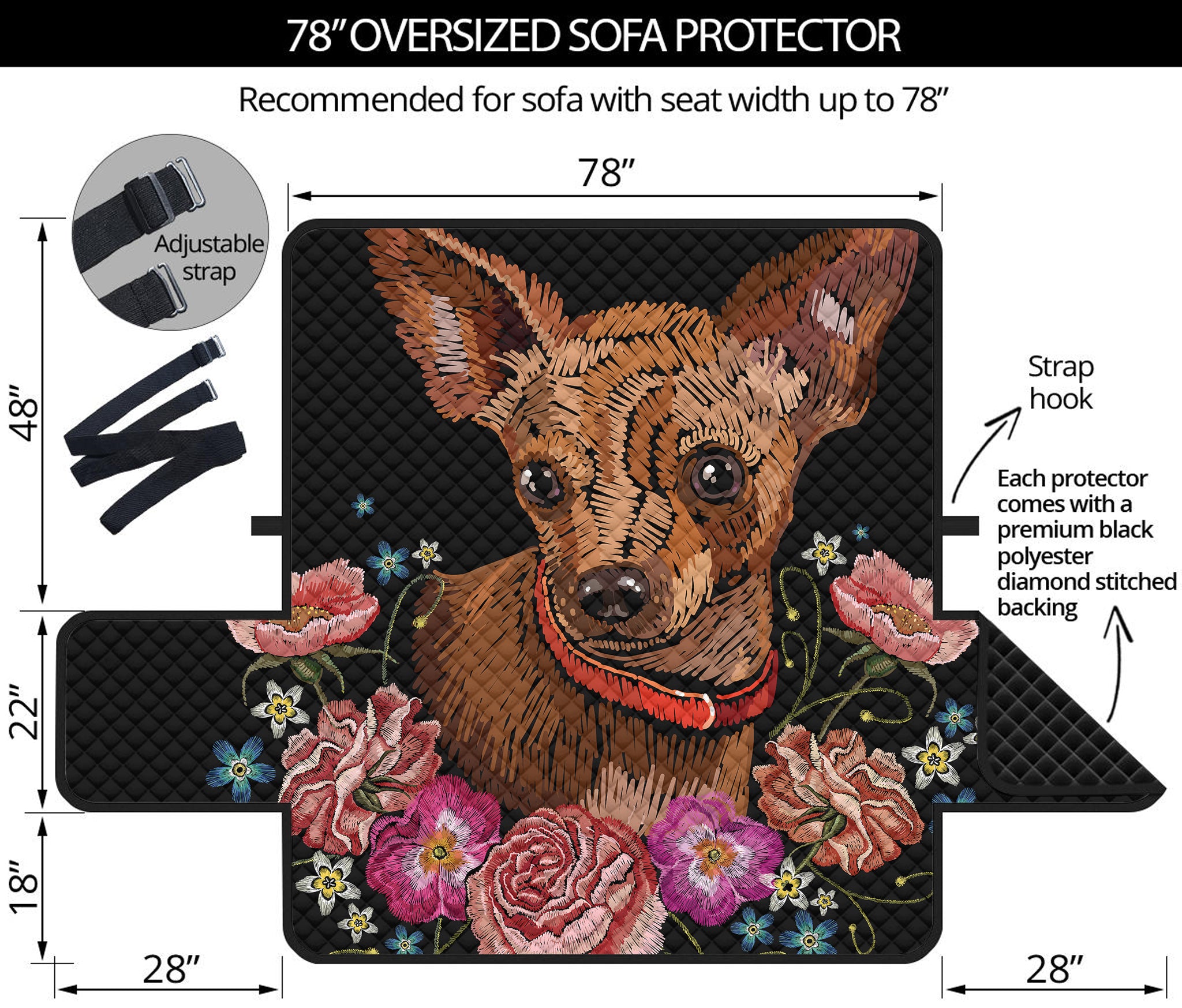 Embroidery Chihuahua And Flower Print Oversized Sofa Protector