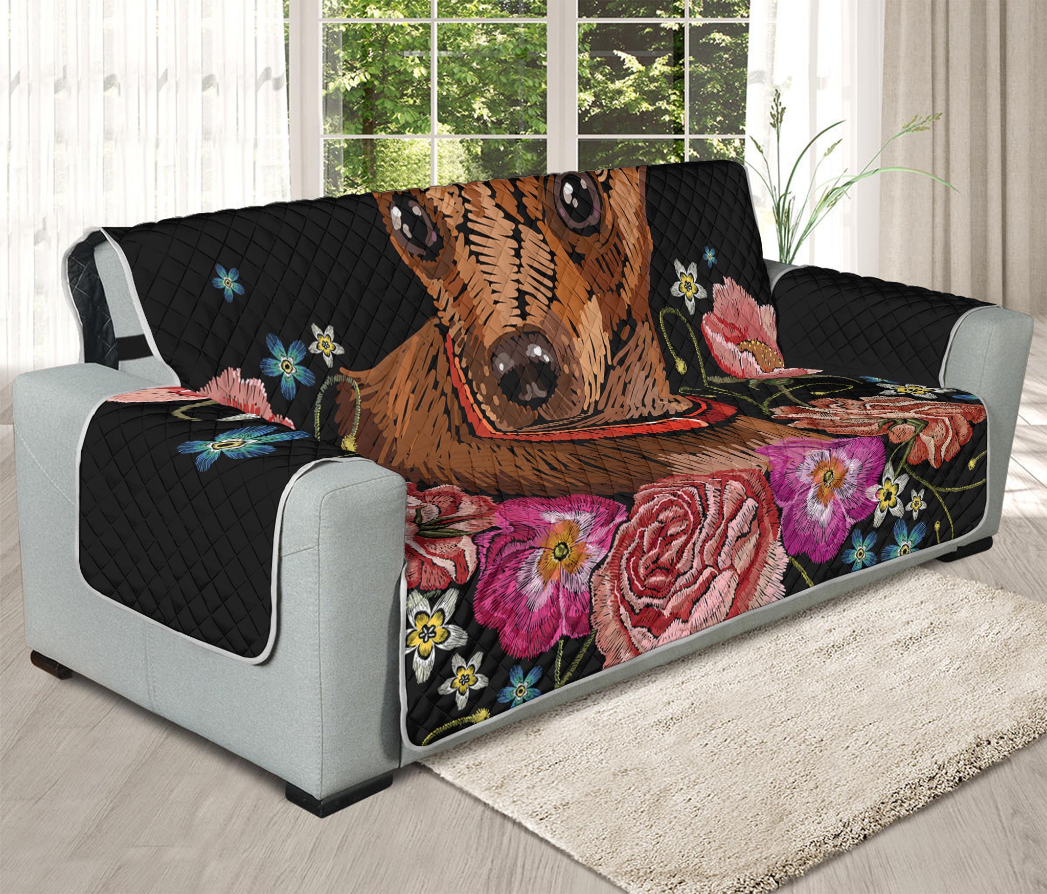 Embroidery Chihuahua And Flower Print Oversized Sofa Protector