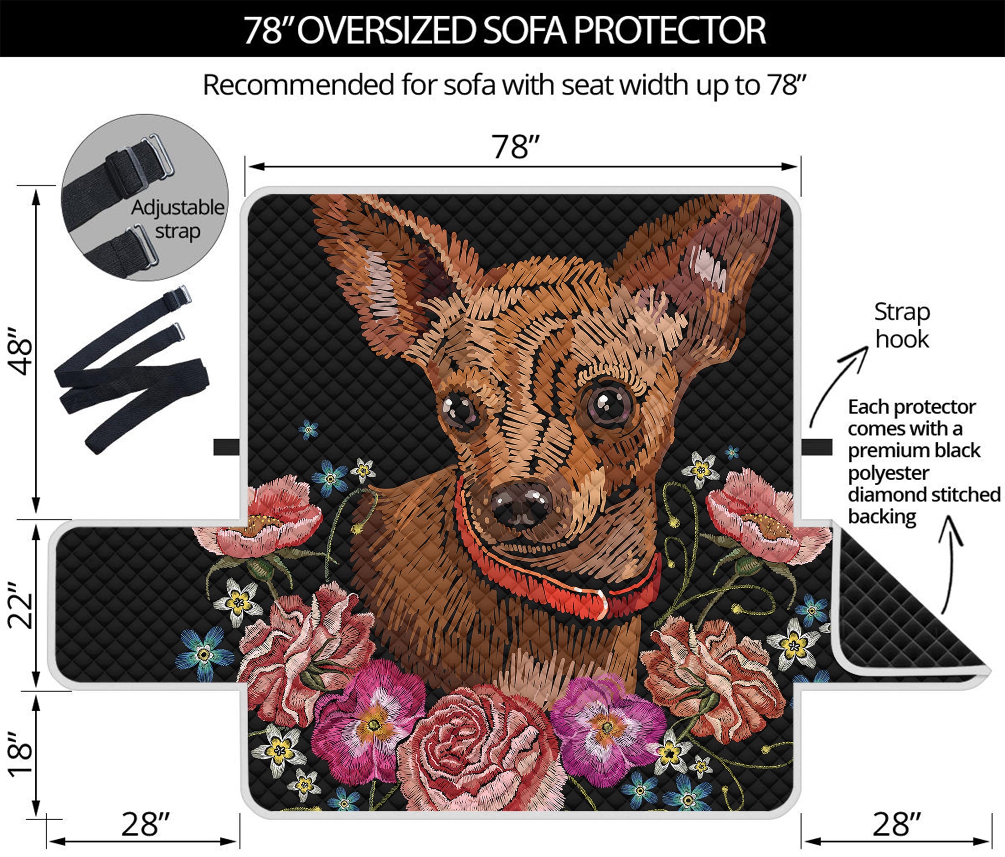 Embroidery Chihuahua And Flower Print Oversized Sofa Protector