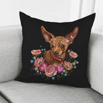 Embroidery Chihuahua And Flower Print Pillow Cover