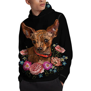 Embroidery Chihuahua And Flower Print Pullover Hoodie