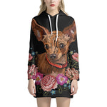 Embroidery Chihuahua And Flower Print Pullover Hoodie Dress