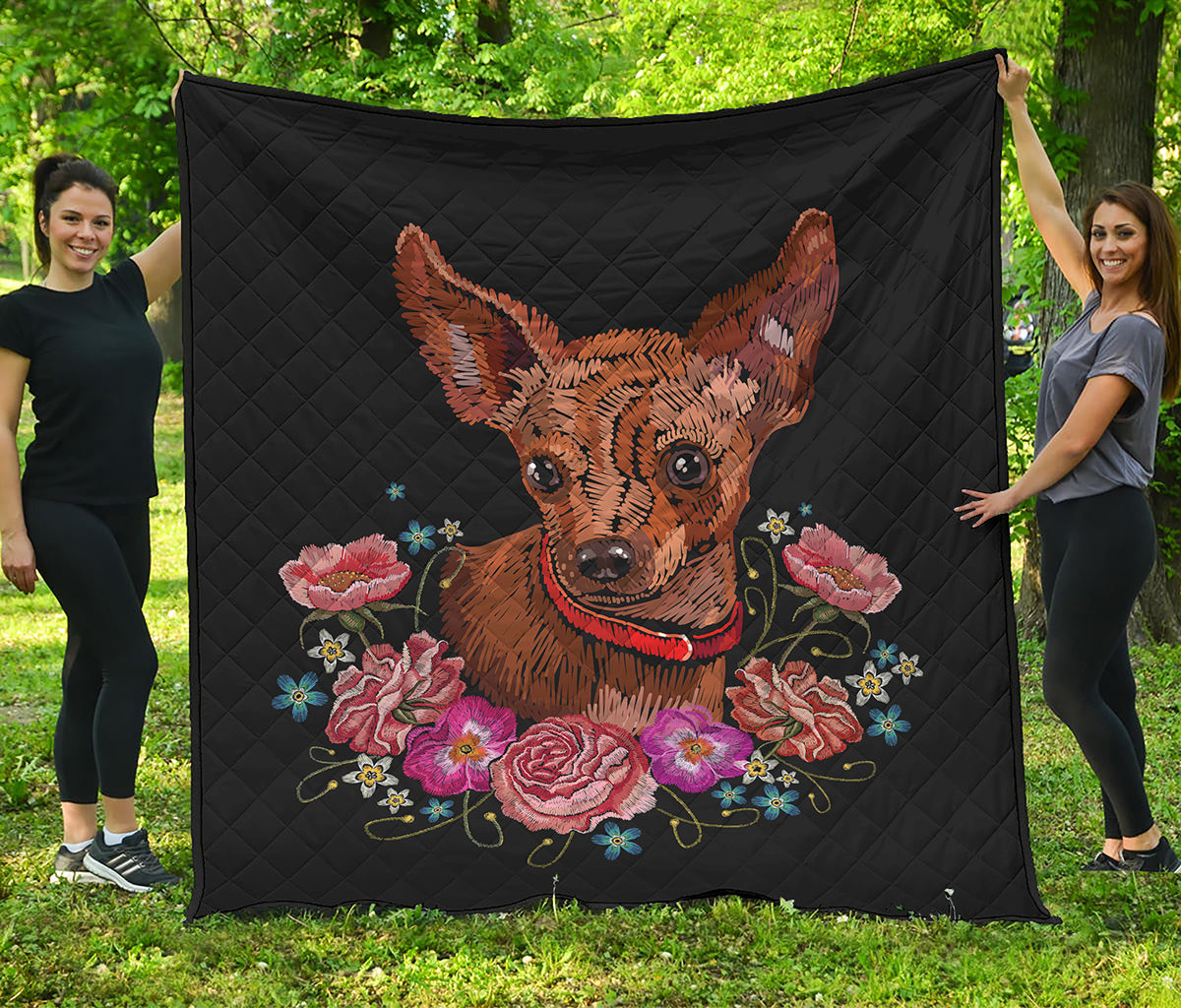 Embroidery Chihuahua And Flower Print Quilt