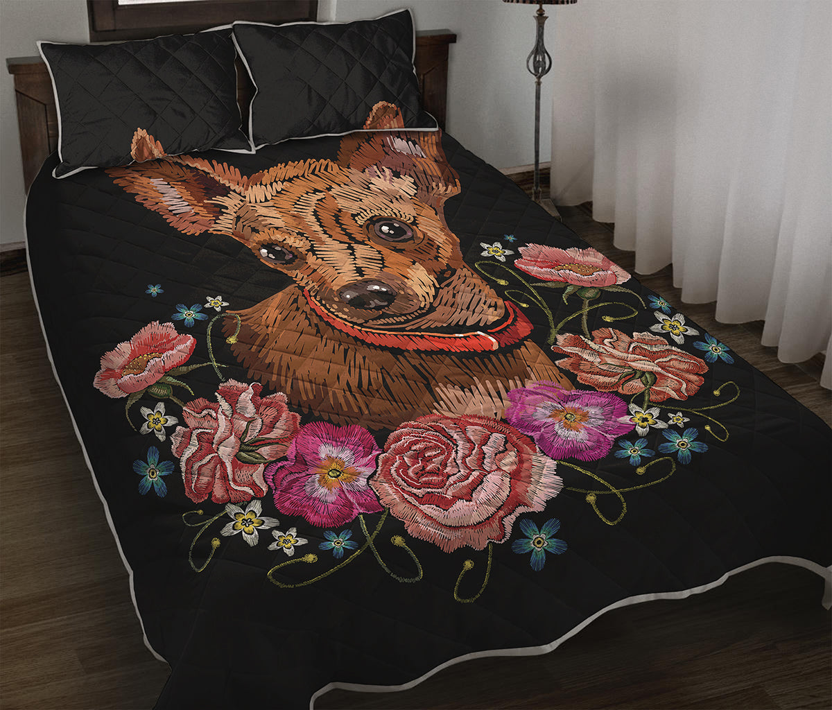 Embroidery Chihuahua And Flower Print Quilt Bed Set