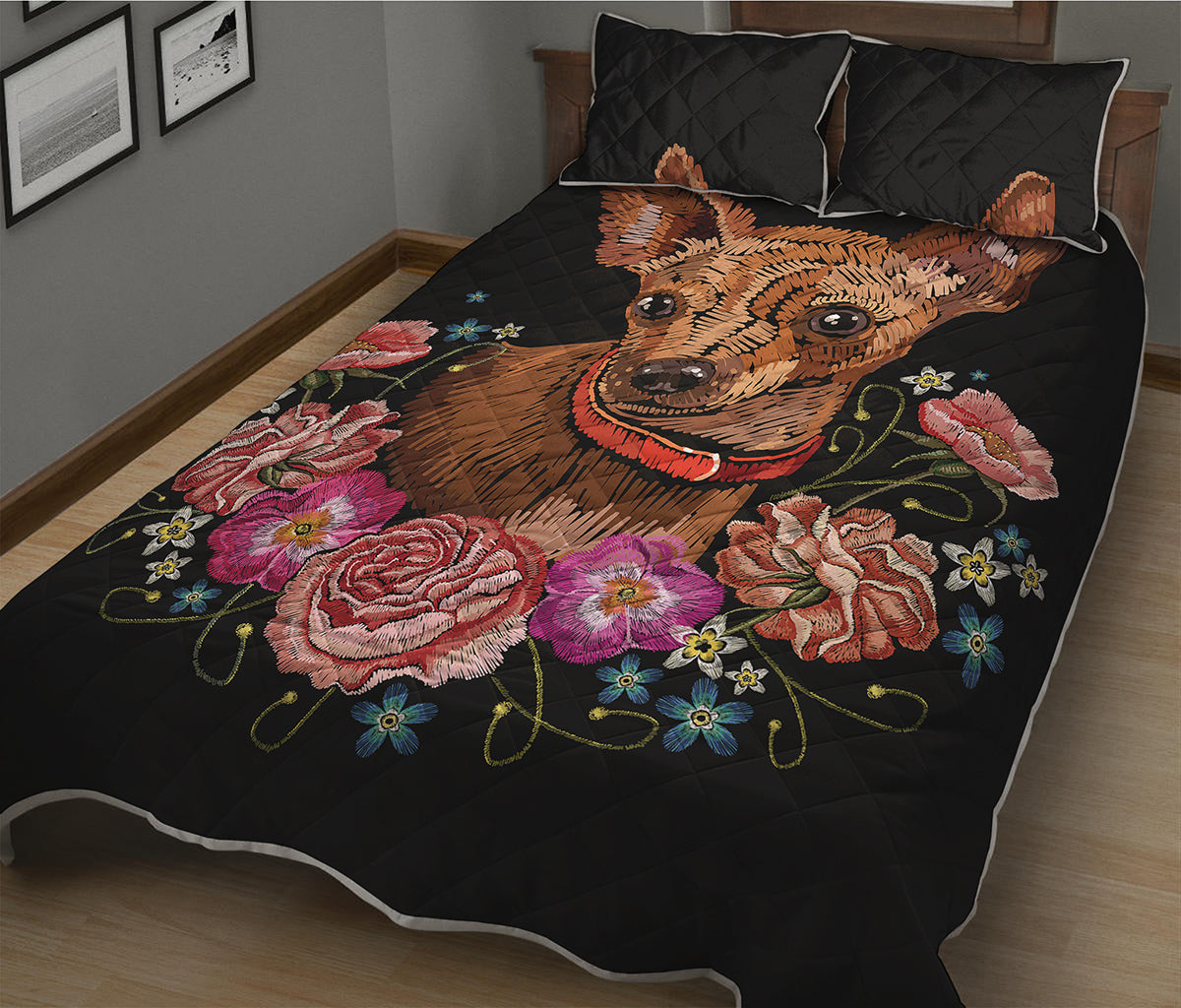 Embroidery Chihuahua And Flower Print Quilt Bed Set