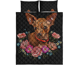 Embroidery Chihuahua And Flower Print Quilt Bed Set