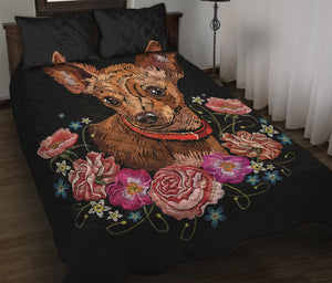 Embroidery Chihuahua And Flower Print Quilt Bed Set