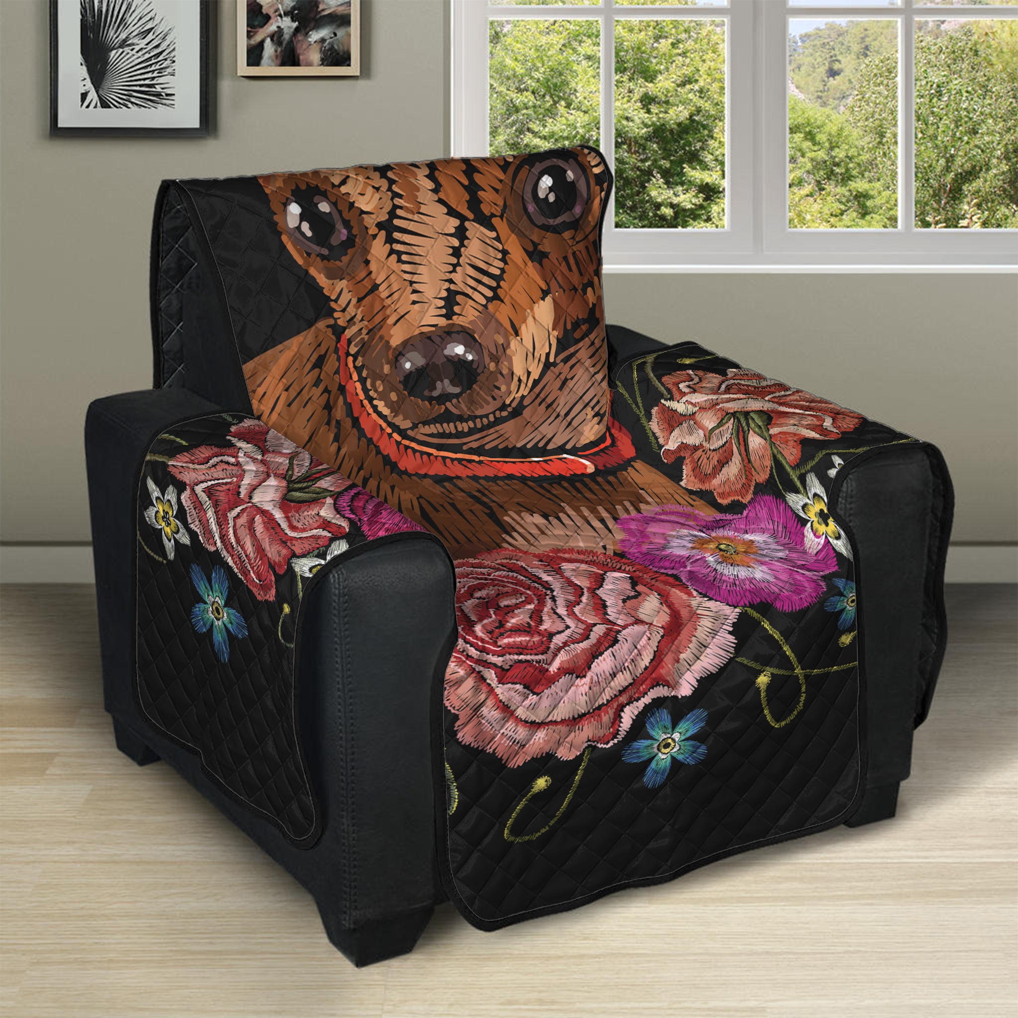 Embroidery Chihuahua And Flower Print Recliner Protector