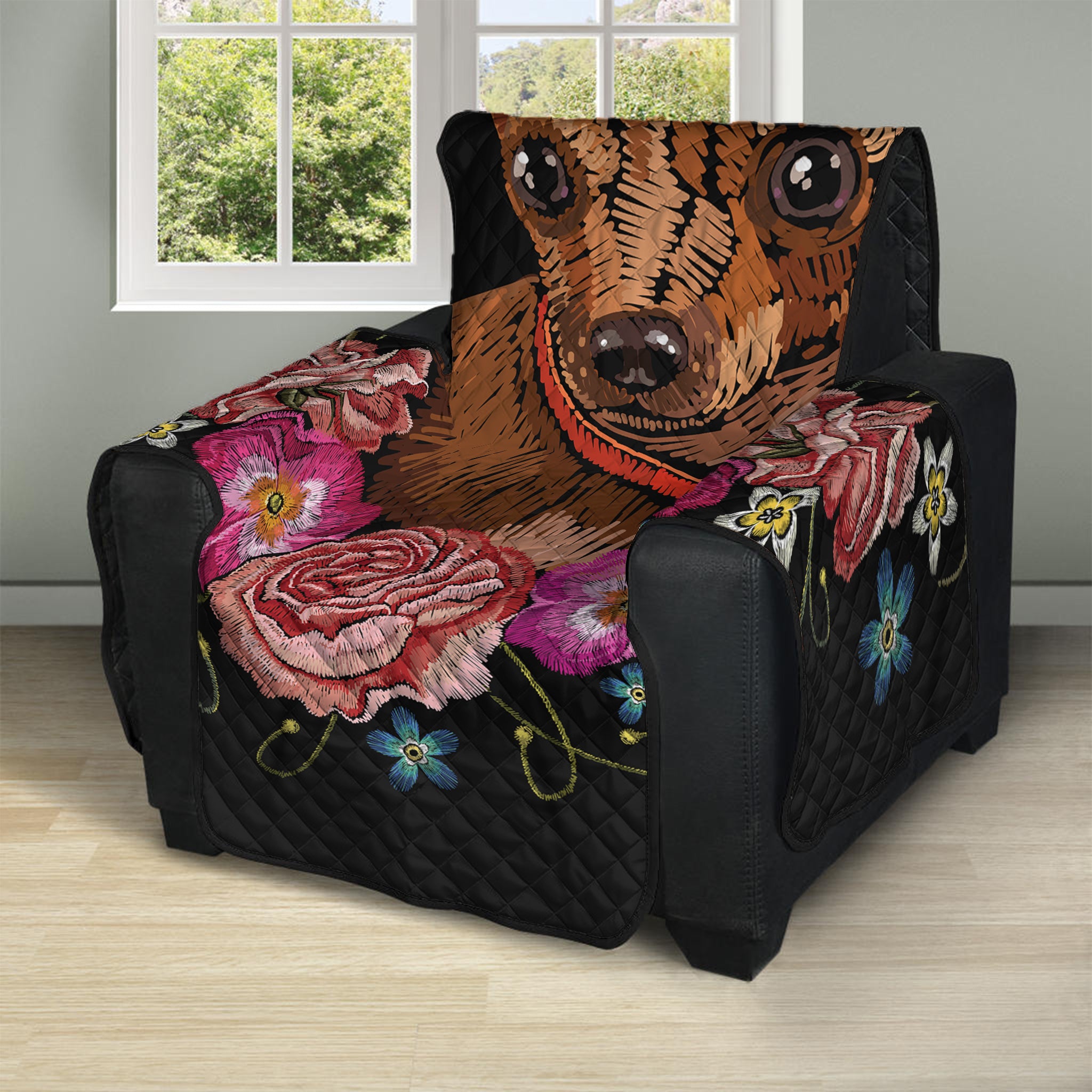 Embroidery Chihuahua And Flower Print Recliner Protector