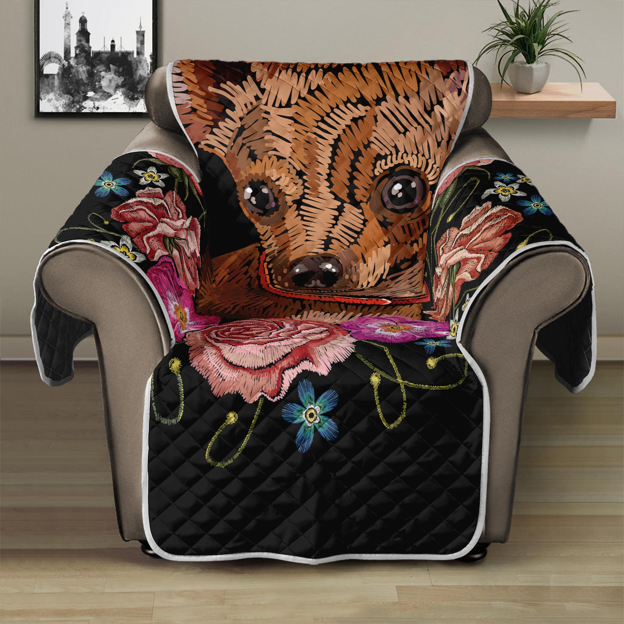 Embroidery Chihuahua And Flower Print Recliner Protector