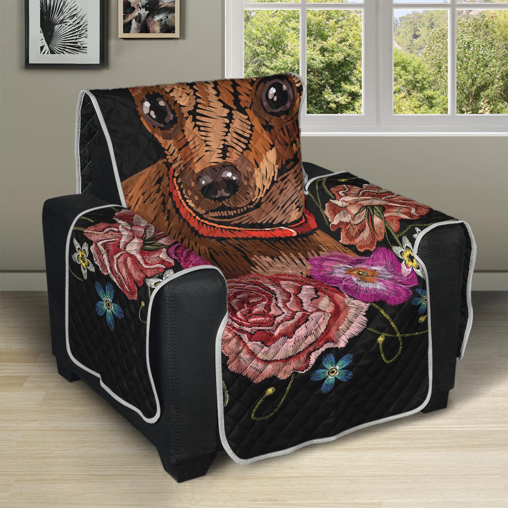 Embroidery Chihuahua And Flower Print Recliner Protector