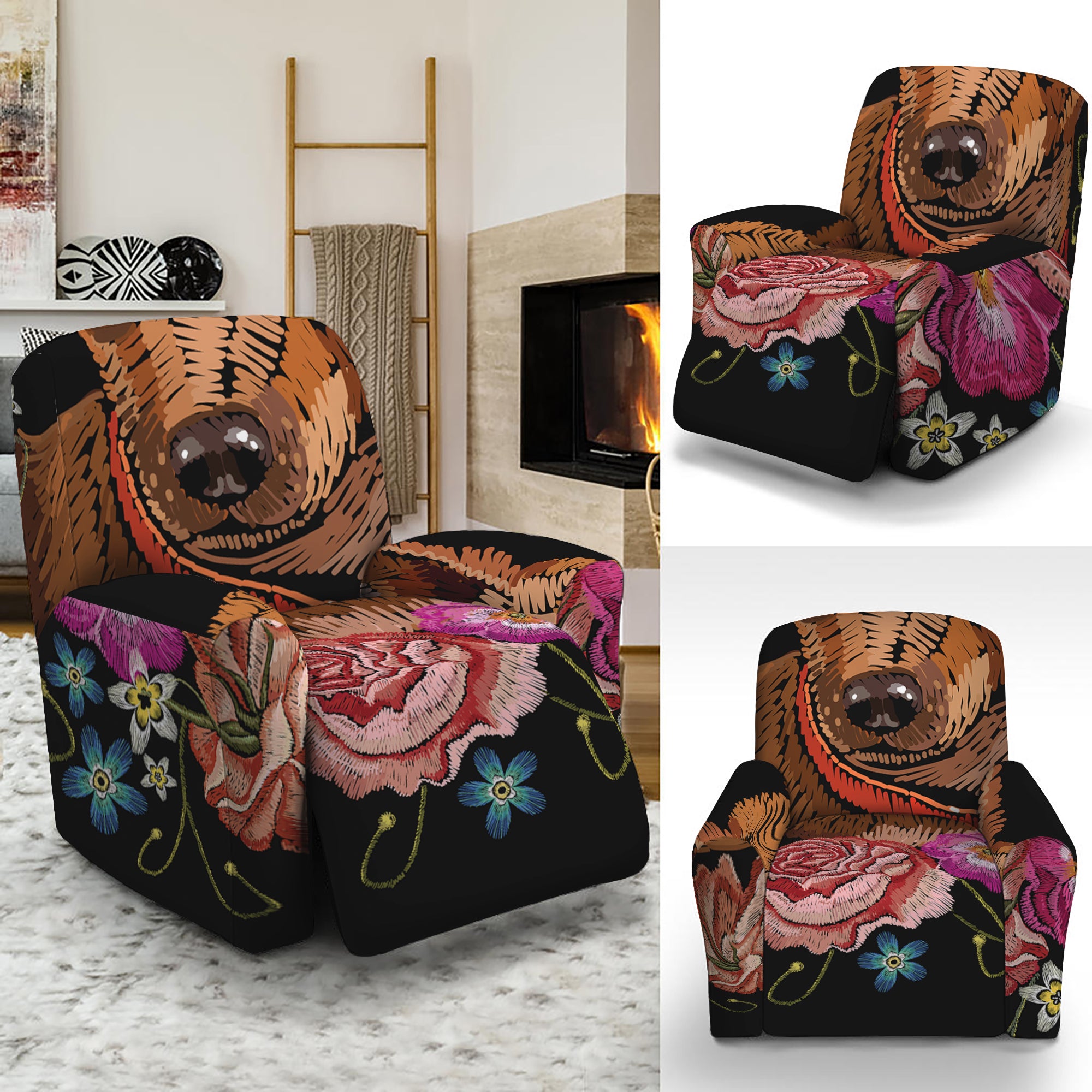 Embroidery Chihuahua And Flower Print Recliner Slipcover