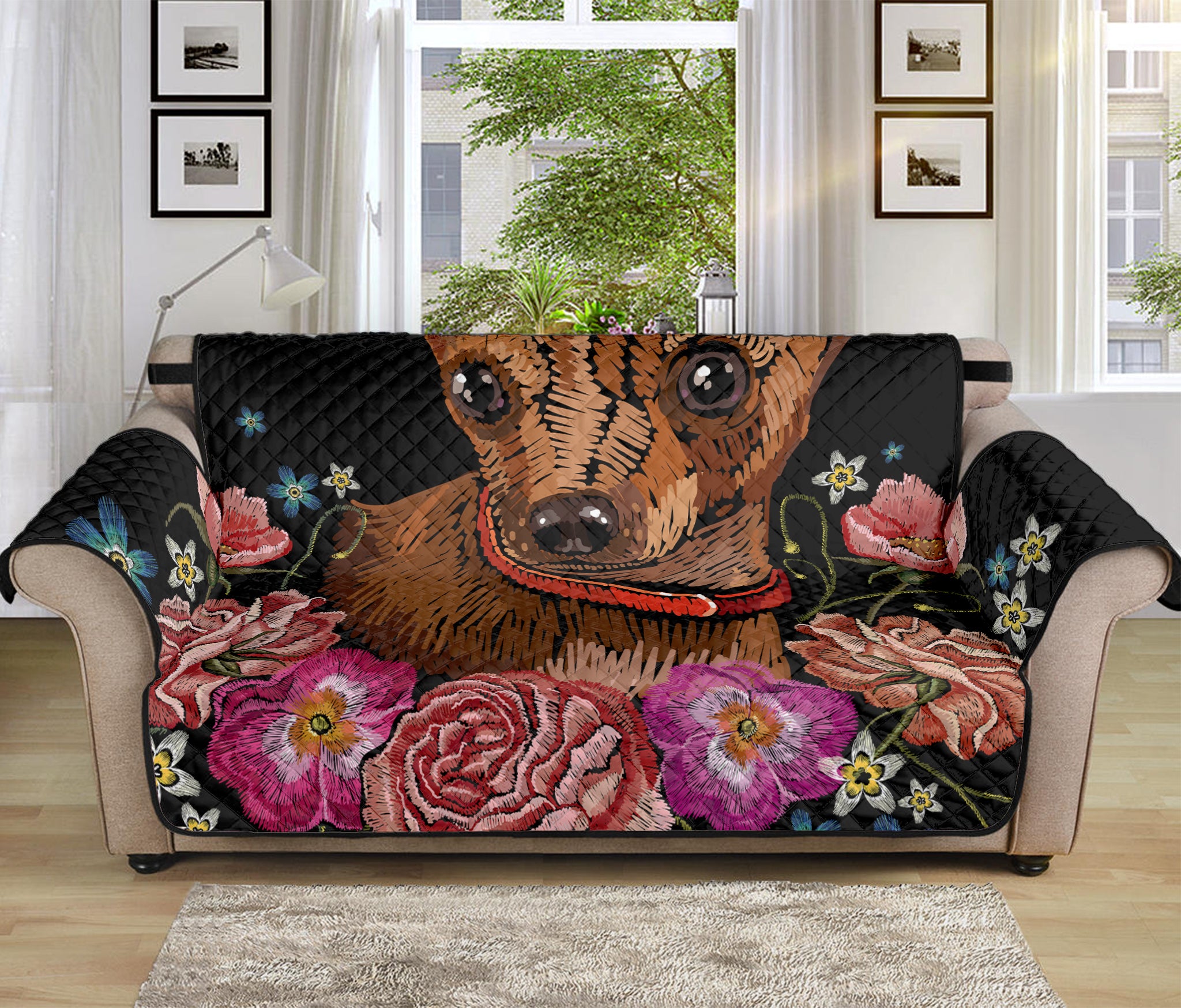 Embroidery Chihuahua And Flower Print Sofa Protector