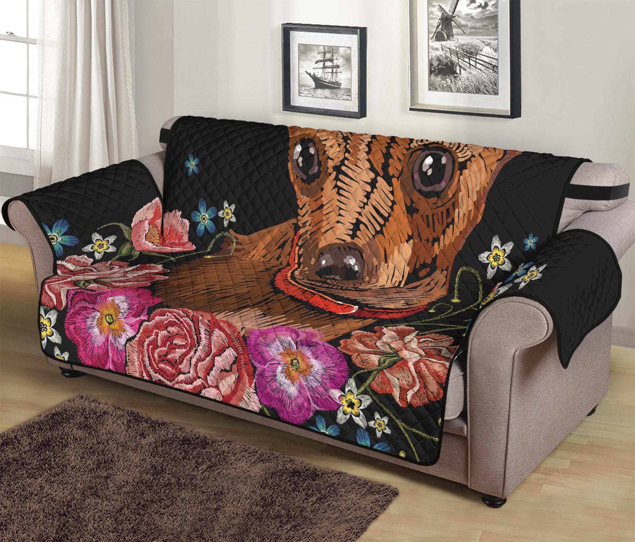 Embroidery Chihuahua And Flower Print Sofa Protector