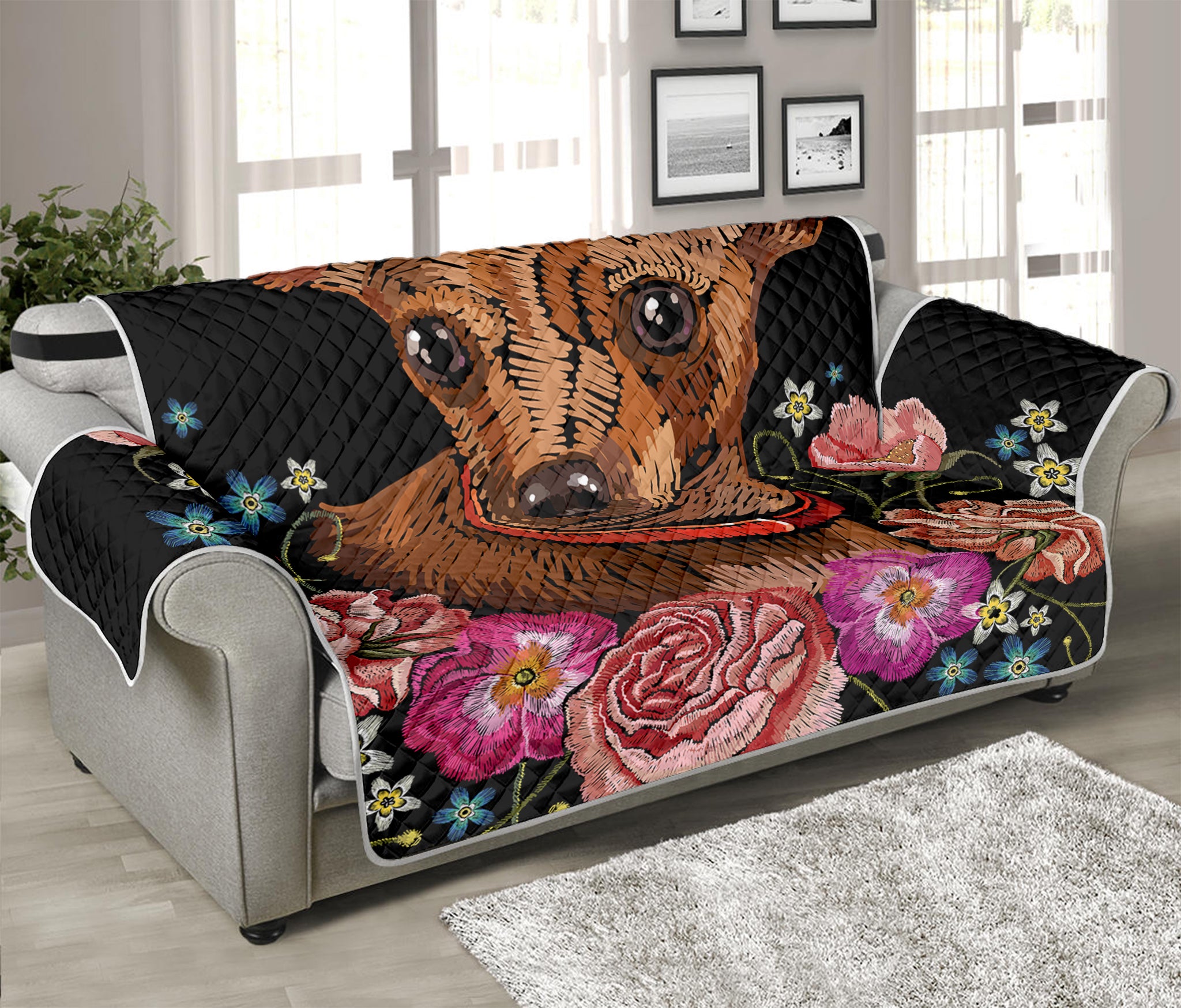 Embroidery Chihuahua And Flower Print Sofa Protector