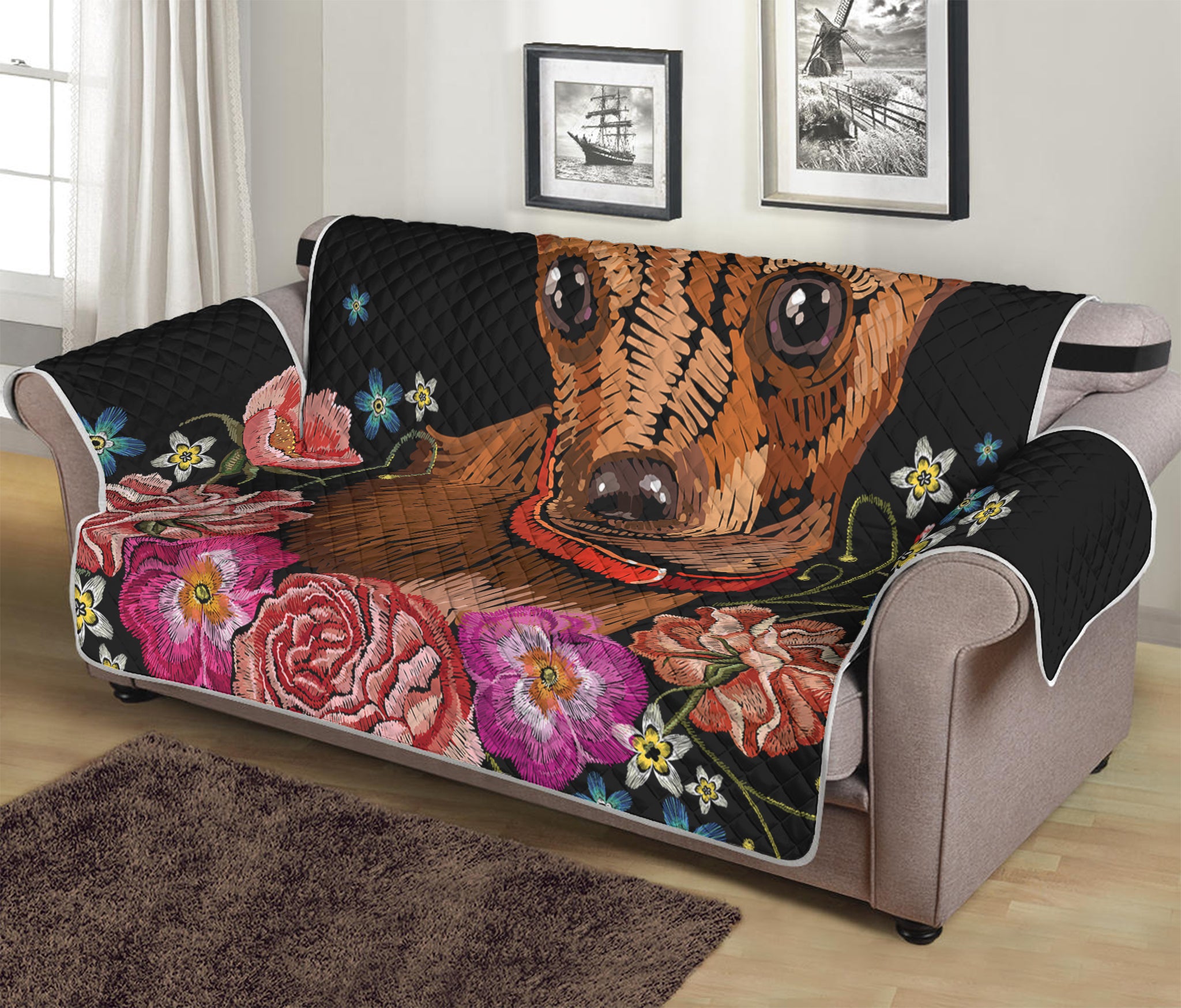 Embroidery Chihuahua And Flower Print Sofa Protector