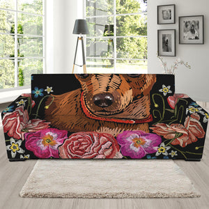 Embroidery Chihuahua And Flower Print Sofa Slipcover