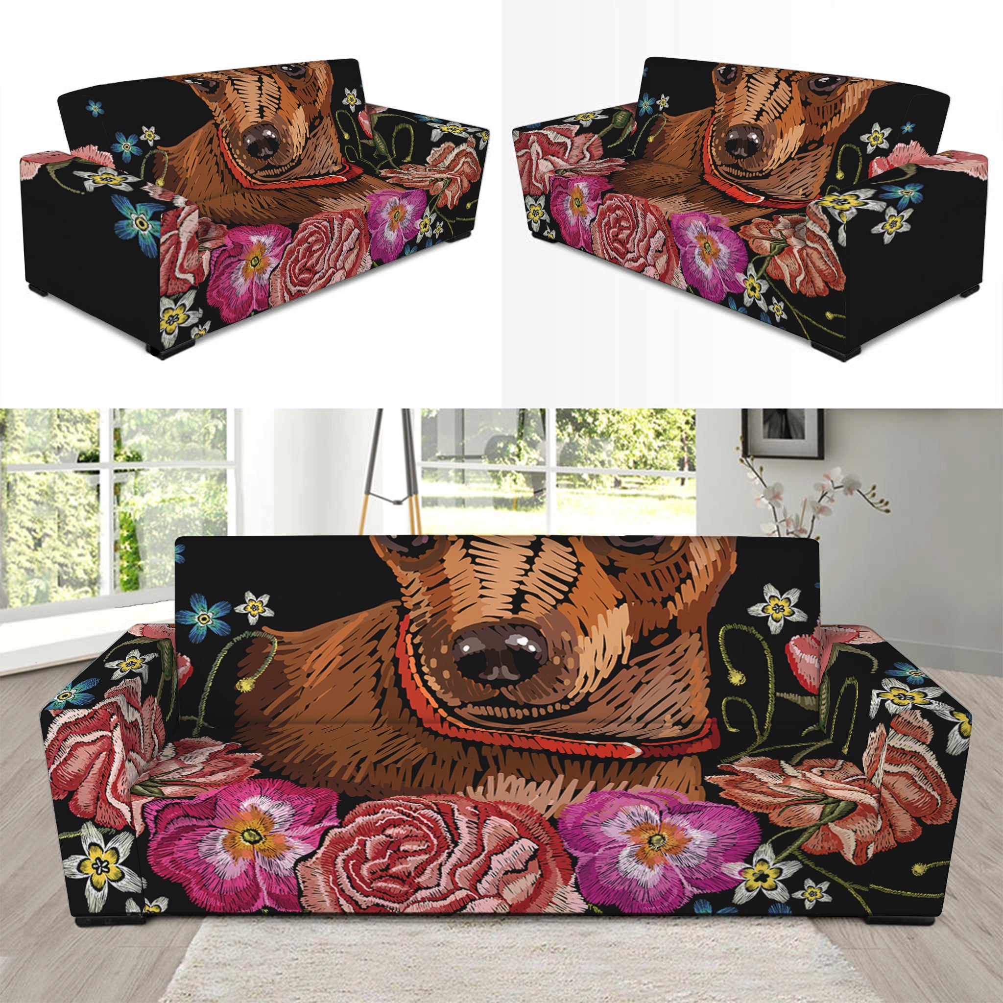 Embroidery Chihuahua And Flower Print Sofa Slipcover